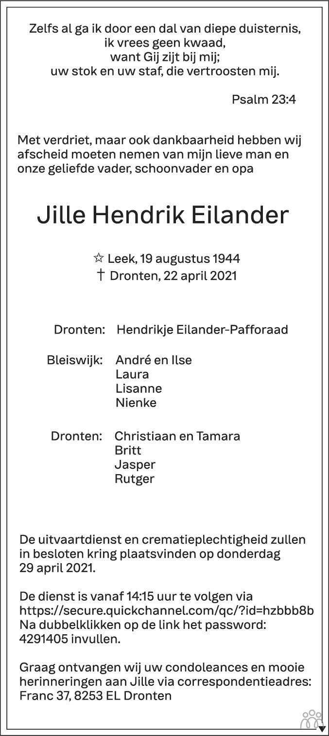 Overlijdensbericht van Jille Hendrik Eilander in Flevopost Dronten