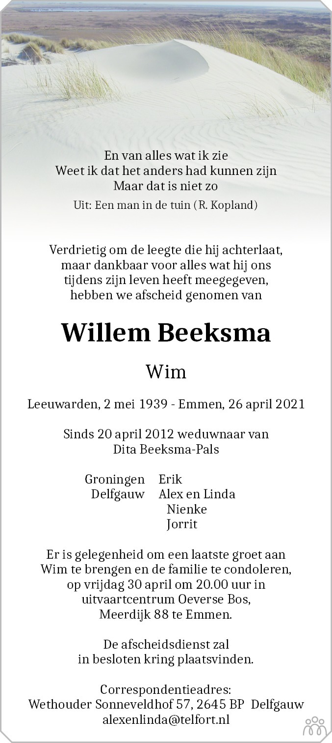 Overlijdensbericht van Willem (Wim) Beeksma in Dagblad van het Noorden