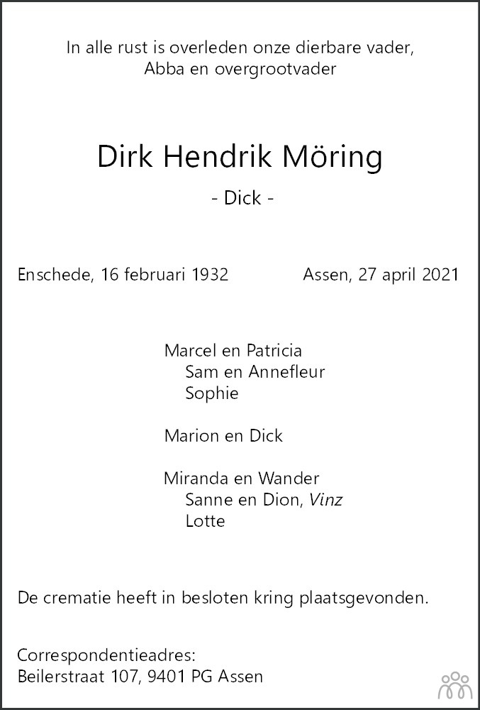 Overlijdensbericht van Dirk (Dick) Hendrik Möring in Dagblad van het Noorden
