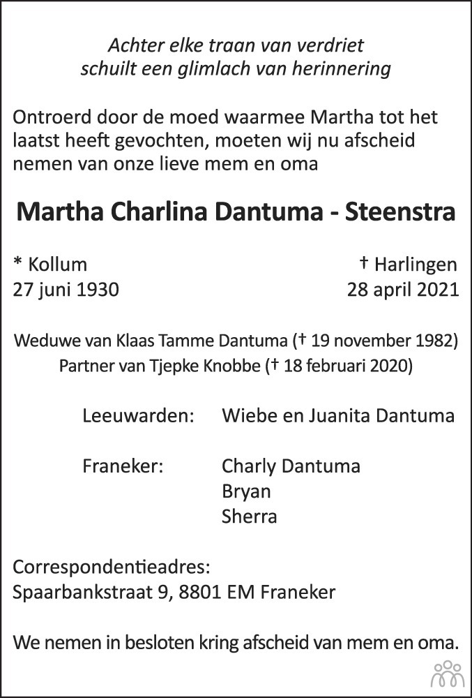 Overlijdensbericht van Martha Charlina Dantuma-Steenstra in Leeuwarder Courant
