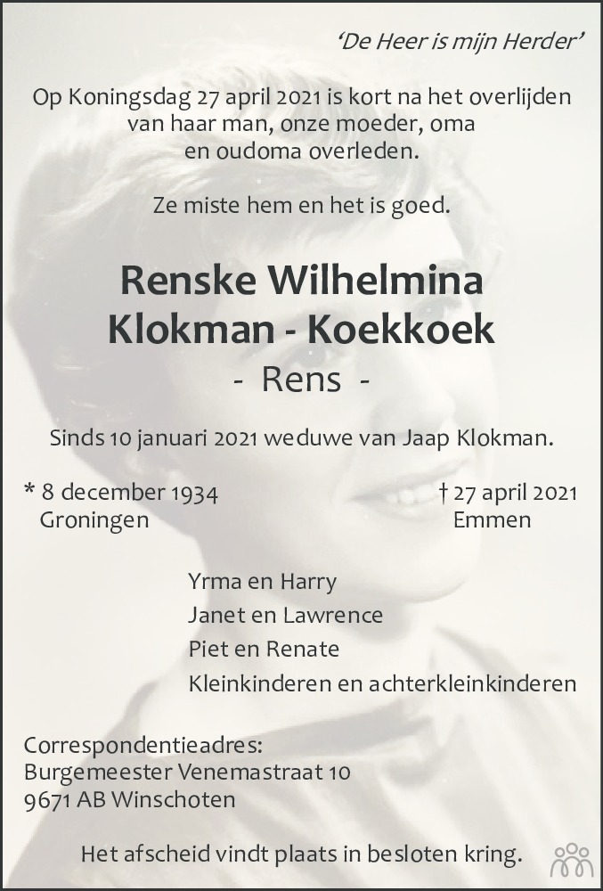 Overlijdensbericht van Renske Wilhelmina (Rens) Klokman-Koekkoek in Dagblad van het Noorden
