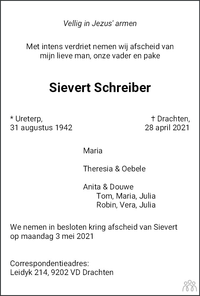 Overlijdensbericht van Sievert Schreiber in Leeuwarder Courant