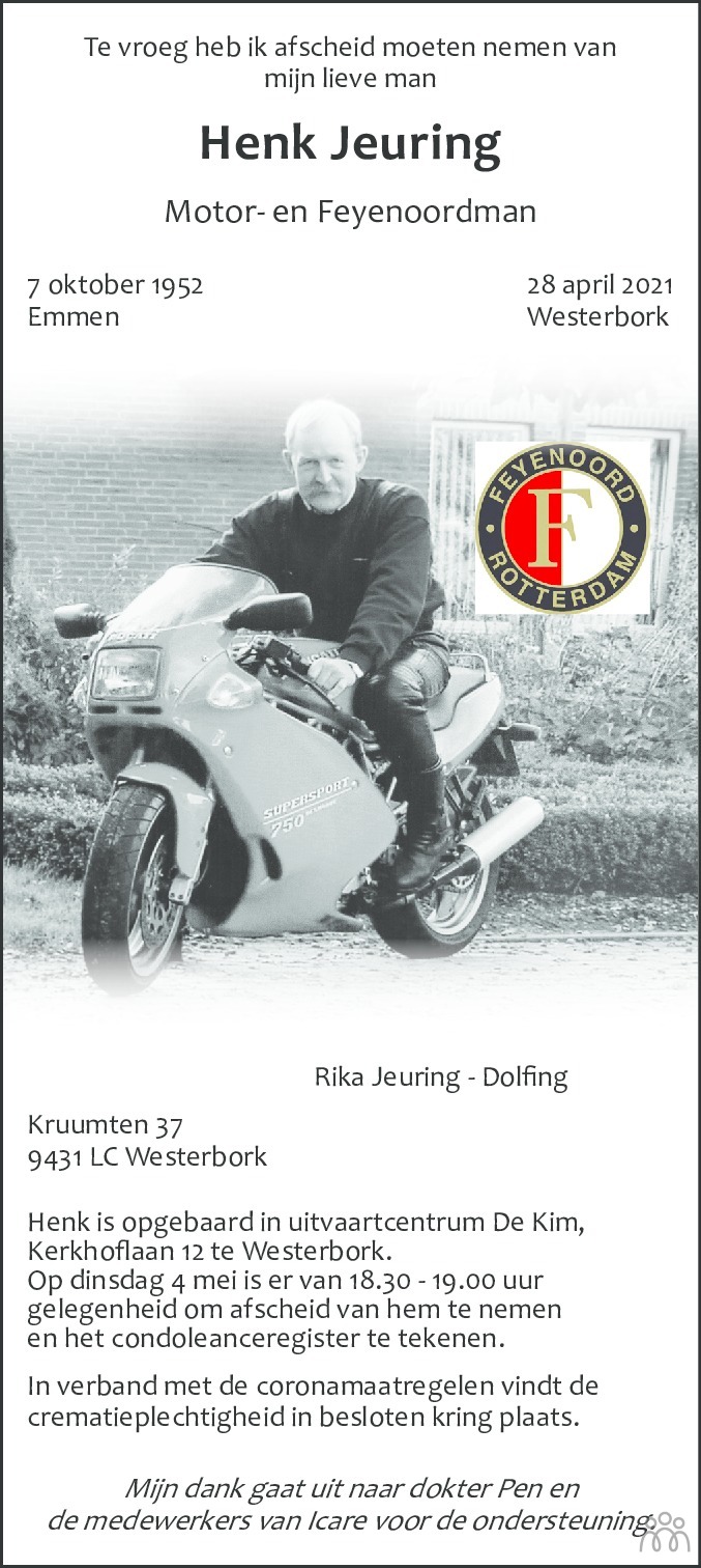 Overlijdensbericht van Henk Jeuring in Dagblad van het Noorden