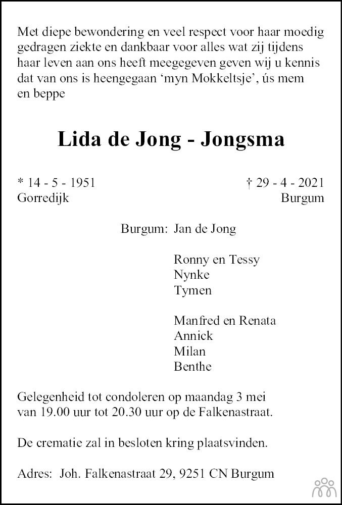 Overlijdensbericht van Lida de Jong-Jongsma in Leeuwarder Courant