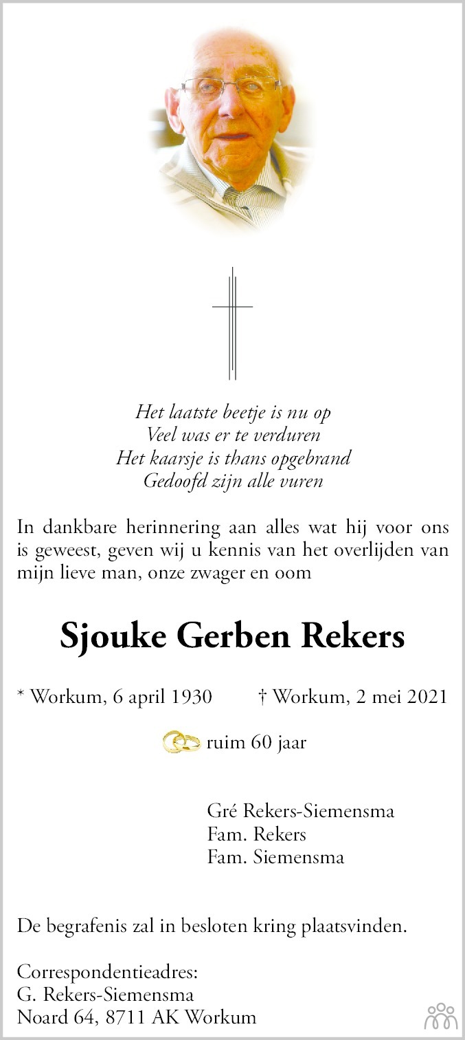 Overlijdensbericht van Sjouke Gerben Rekers in Leeuwarder Courant