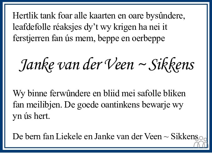 Overlijdensbericht van Janke van der Veen-Sikkens in Leeuwarder Courant