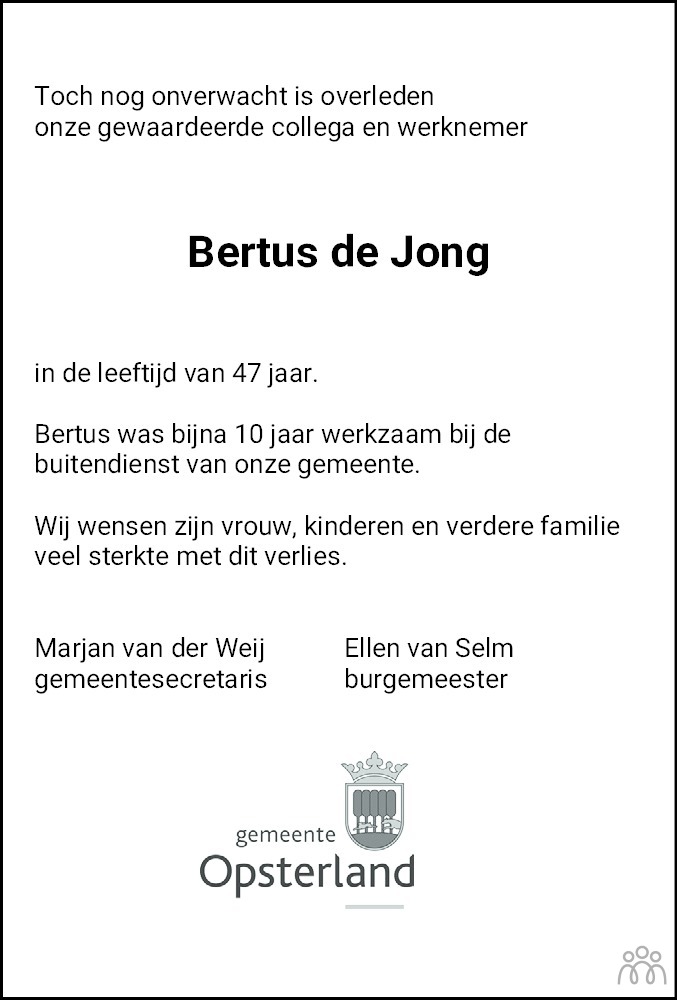 Overlijdensbericht van Bertus de Jong in Leeuwarder Courant