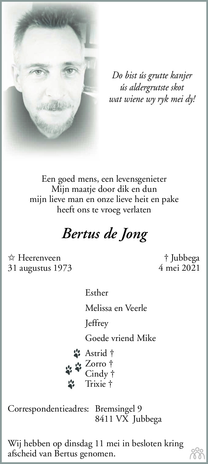 Overlijdensbericht van Bertus de Jong in Heerenveense Courant
