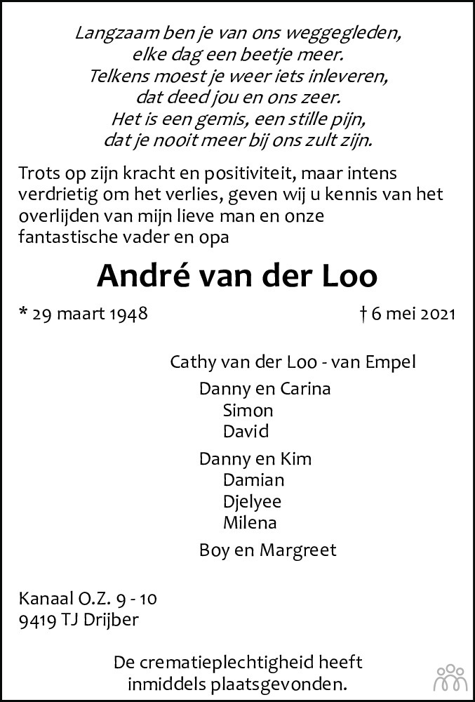 André van der Loo 06-05-2021 overlijdensbericht en condoleances ...