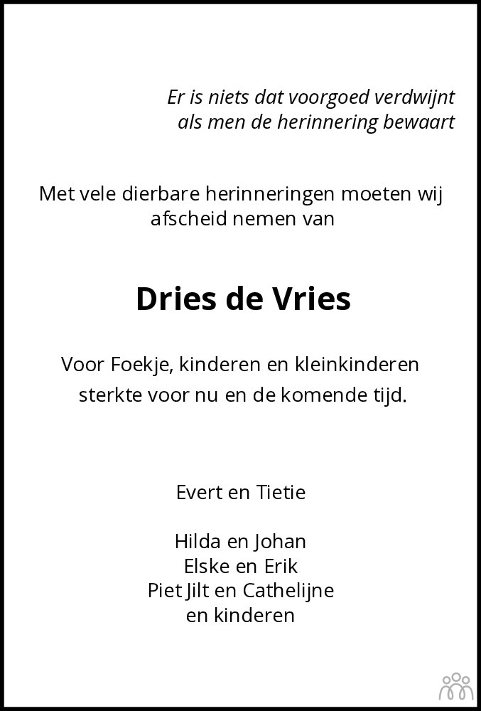 Andries (Dries) de Vries 17-05-2021 overlijdensbericht en condoleances ...