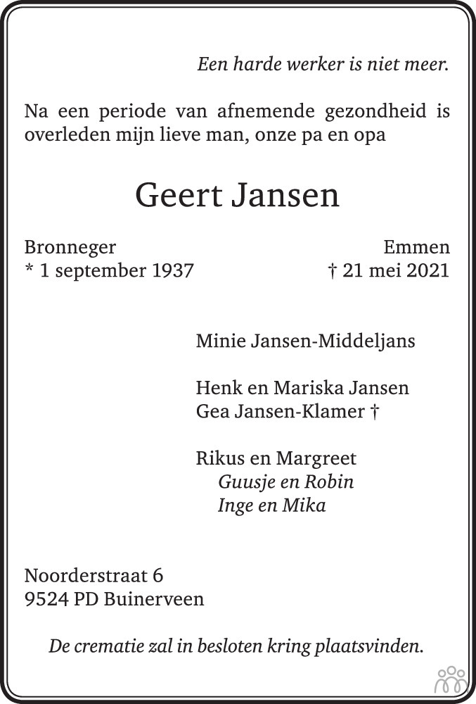 Geert Jansen 21-05-2021 overlijdensbericht en condoleances - Mensenlinq.nl