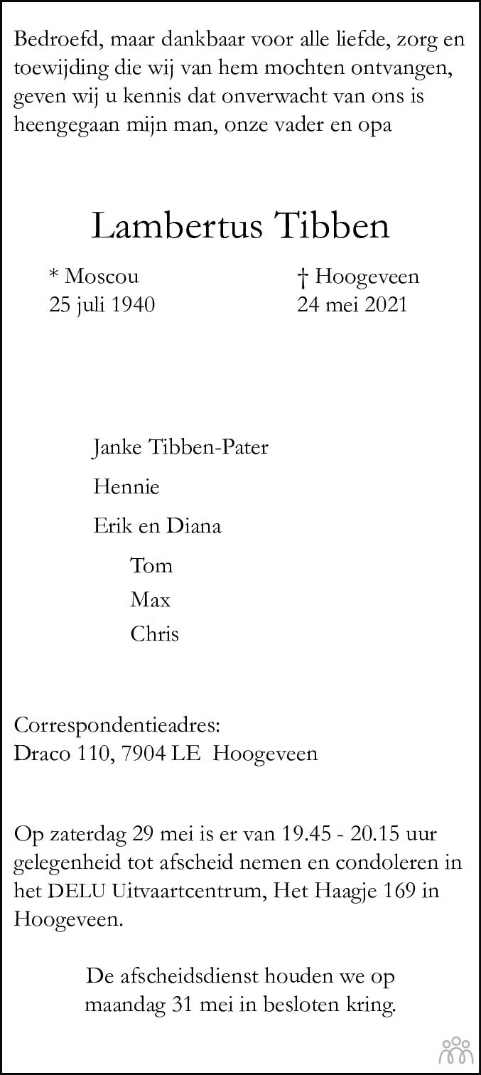 Overlijdensbericht van Lambertus (Bertus) Tibben in Hoogeveensche Courant