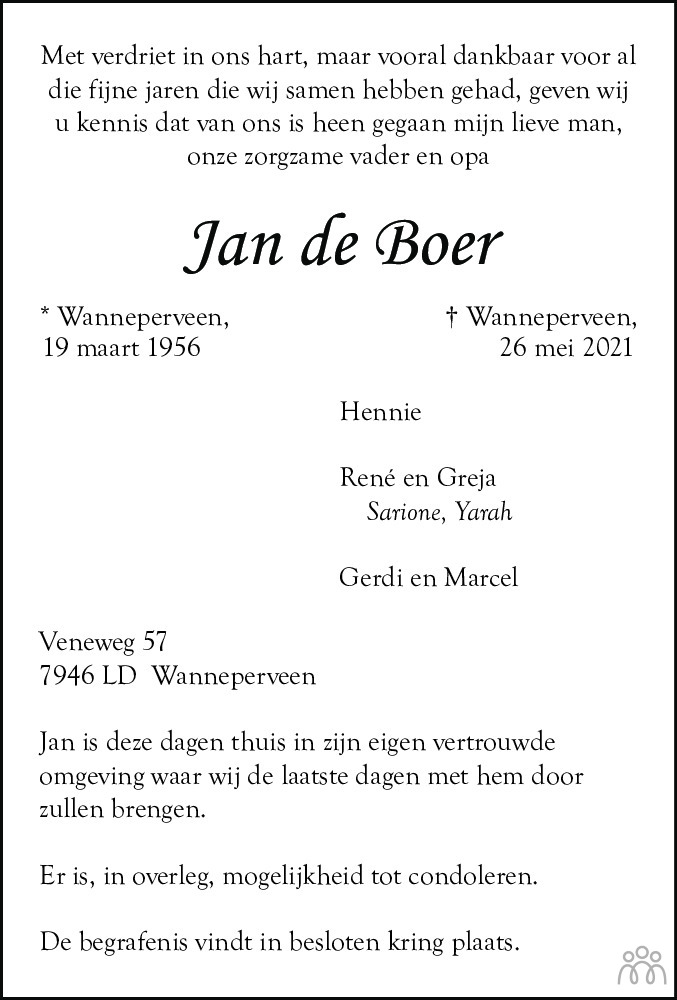 Jan de Boer 26-05-2021 overlijdensbericht en condoleances - Mensenlinq.nl