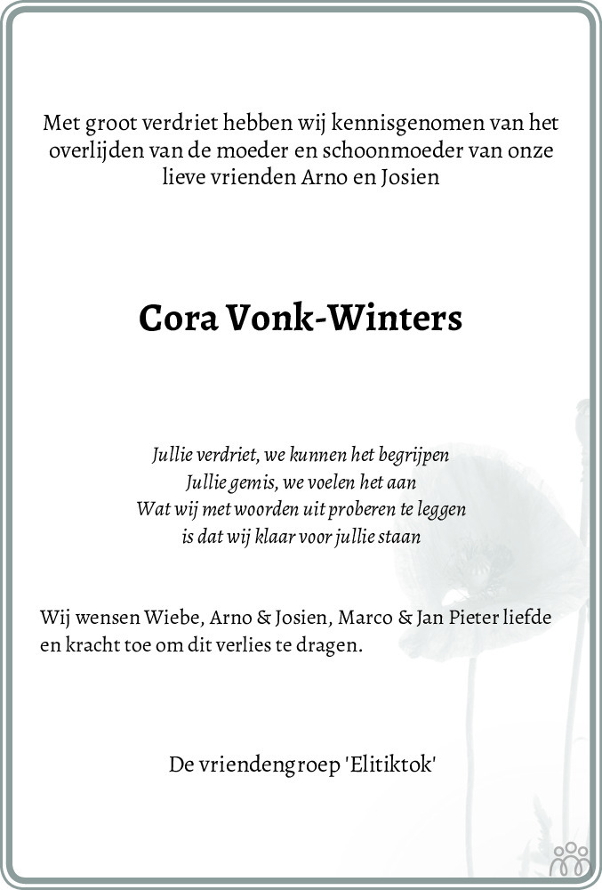 Jacoba Maria (Cora) VonkWinters 24052021 overlijdensbericht en