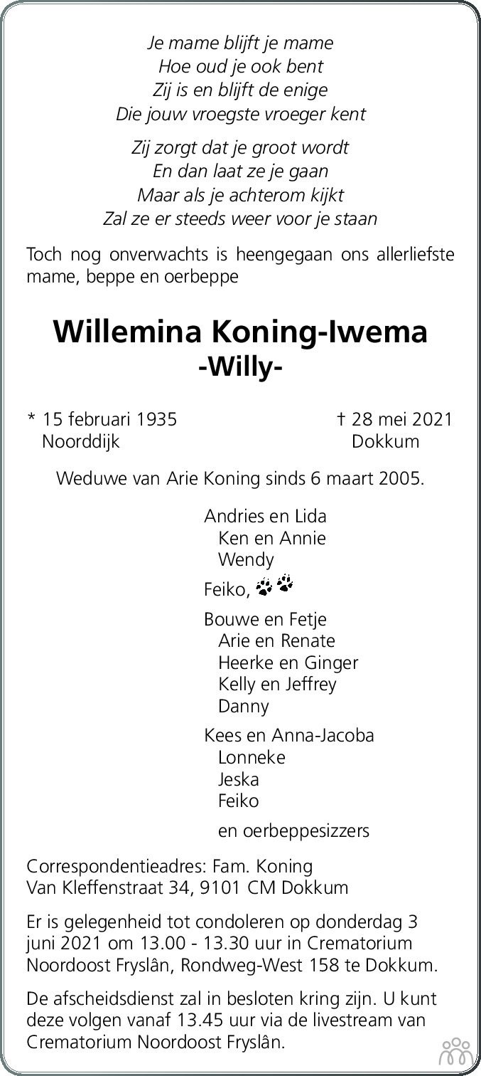 Overlijdensbericht van Willemina (Willy) Koning-Iwema in Dockumer Courant