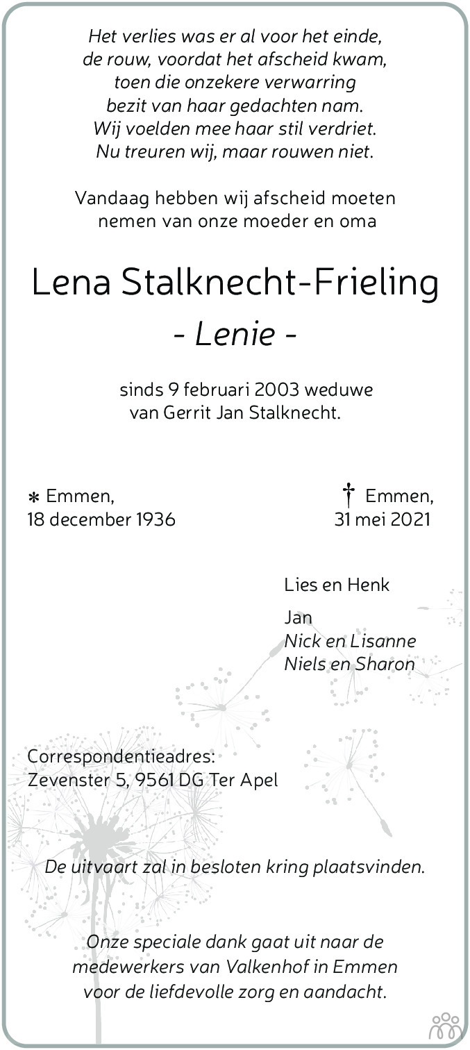 Overlijdensbericht van Lena (Lenie) Stalknecht-Frieling in Dagblad van het Noorden