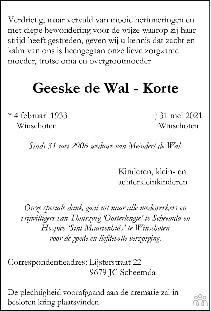 Overlijdensbericht van Geeske de Wal-Korte in Dagblad van het Noorden