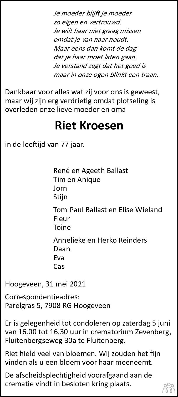 Overlijdensbericht van Riet Kroesen in Hoogeveensche Courant