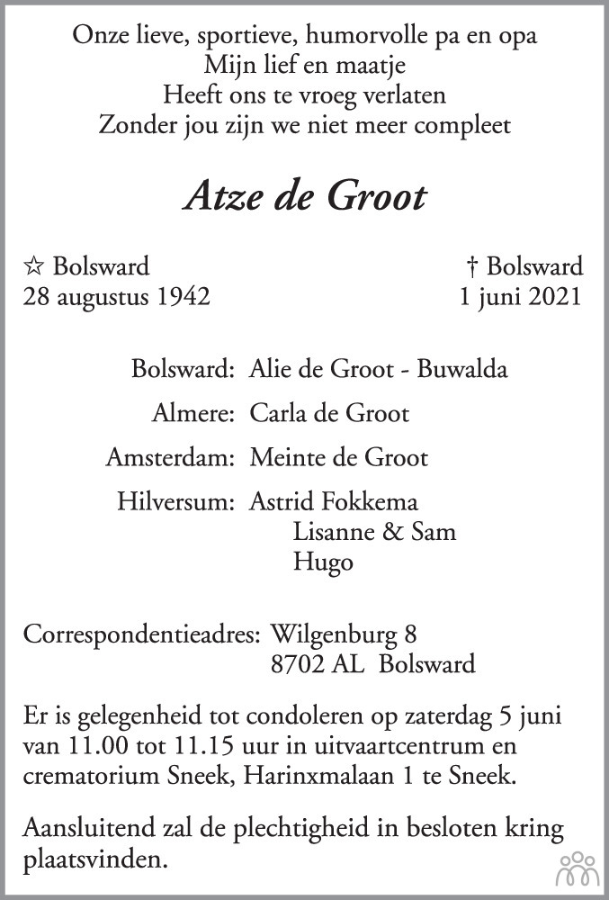 Overlijdensbericht van Atze de Groot in Leeuwarder Courant