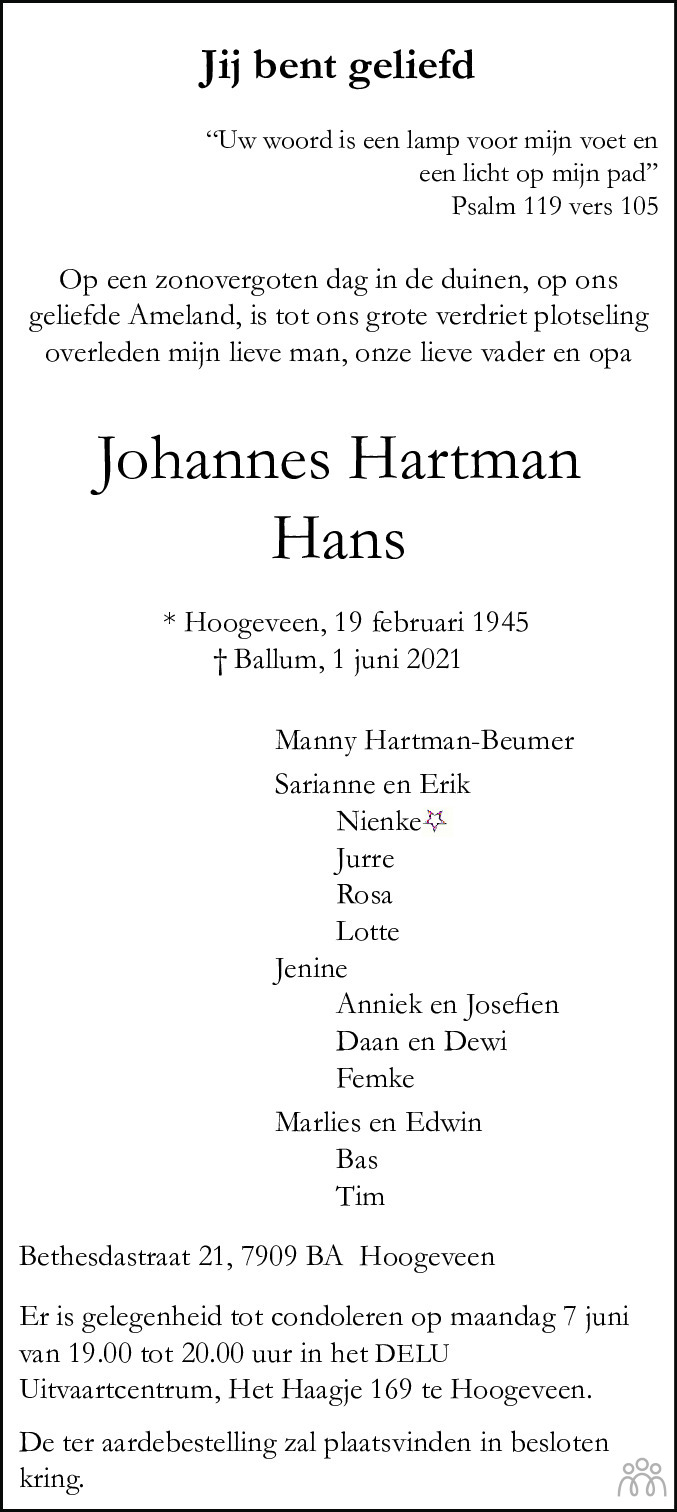 Overlijdensbericht van Hans (Johannes) Hartman in Hoogeveensche Courant