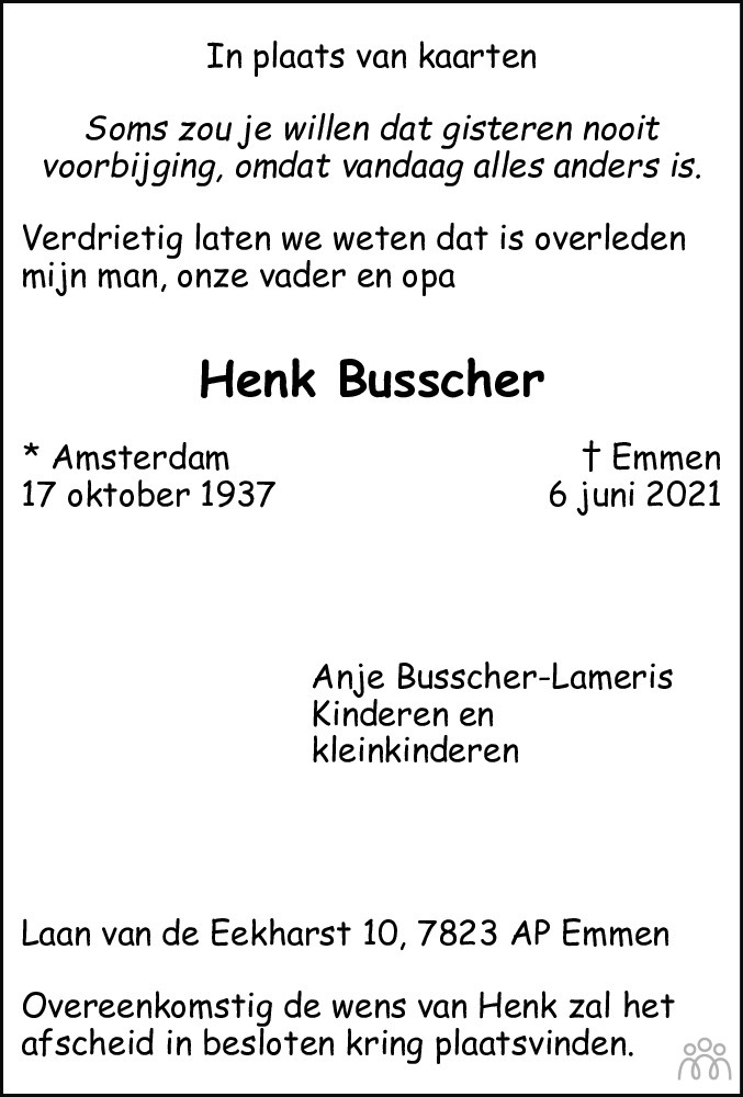 Overlijdensbericht van Henk Busscher in Dagblad van het Noorden