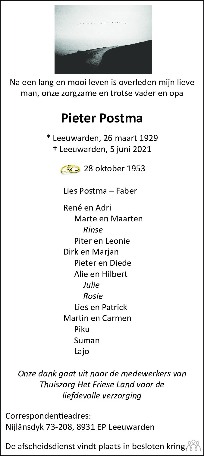 Overlijdensbericht van Pieter Postma in Leeuwarder Courant