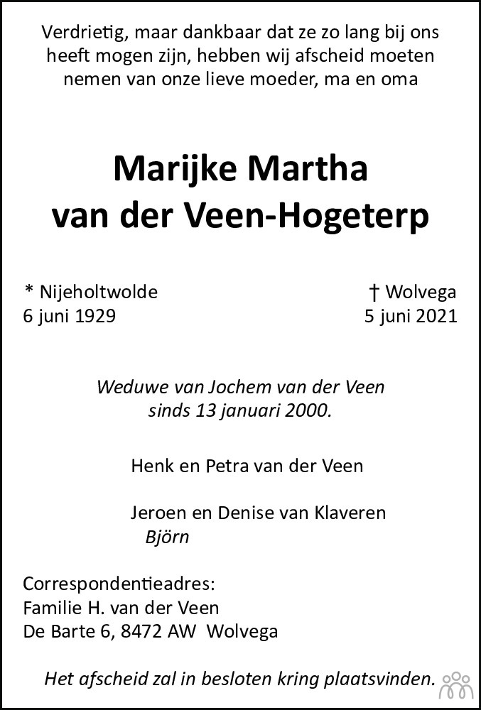 Overlijdensbericht van Marijke Martha van der Veen-Hogeterp in De Stellingwerf
