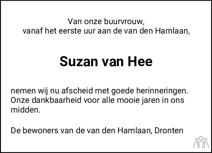 Overlijdensbericht van Suzan van Hee in Flevopost Dronten