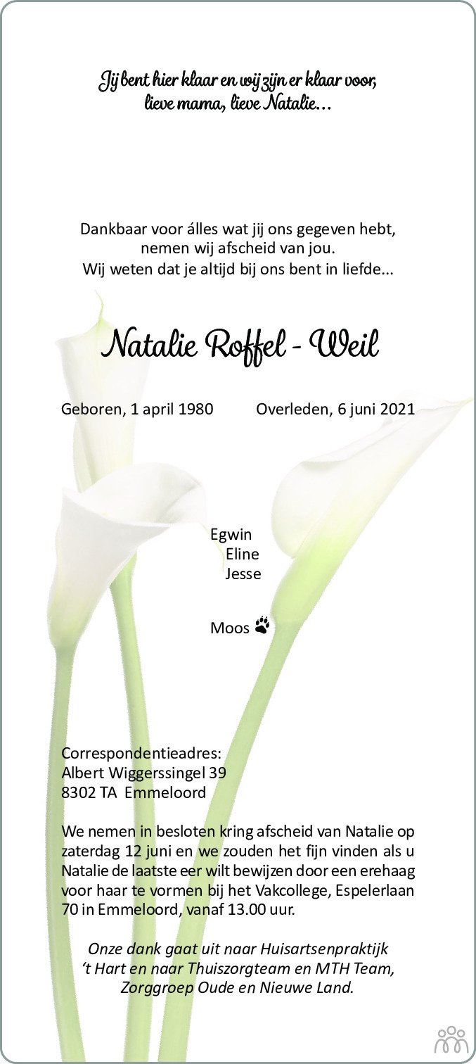 Overlijdensbericht van Natalie Roffel-Weil in Noordoostpolder