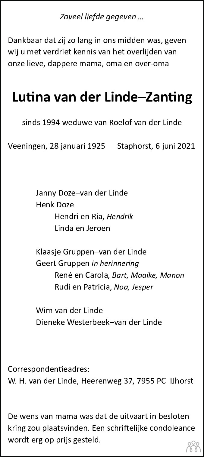 Overlijdensbericht van Lutina van der Linde–Zanting in Meppeler Courant