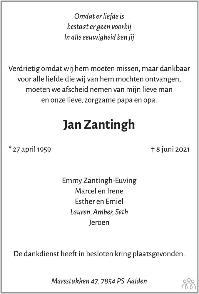 Jan Zantingh 08-06-2021 overlijdensbericht en condoleances - Mensenlinq.nl