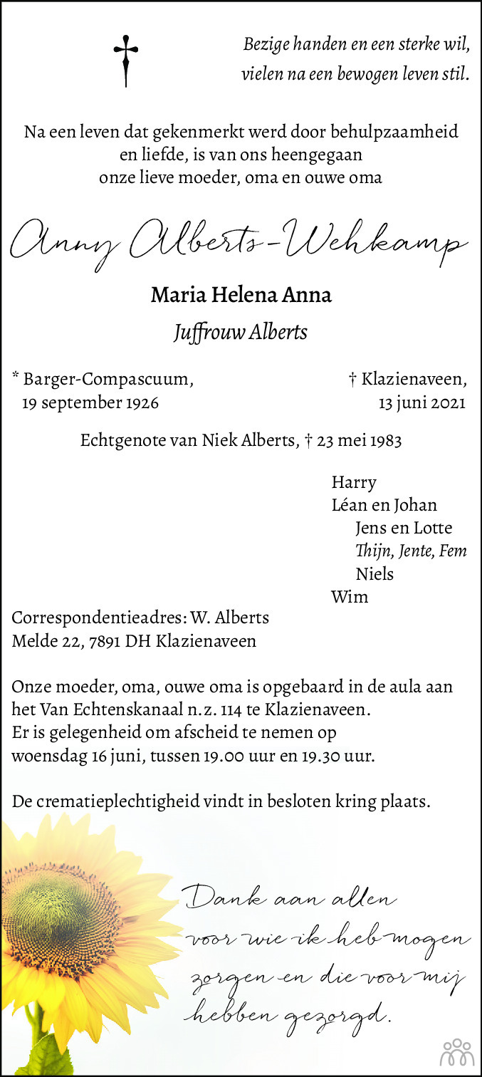 Overlijdensbericht van Anny (Maria Helena Anna) Alberts-Wehkamp in Dagblad van het Noorden