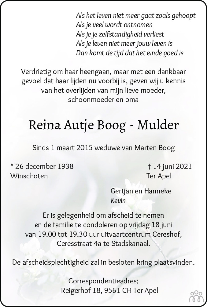 Overlijdensbericht van Reina Autje Boog-Mulder in Dagblad van het Noorden
