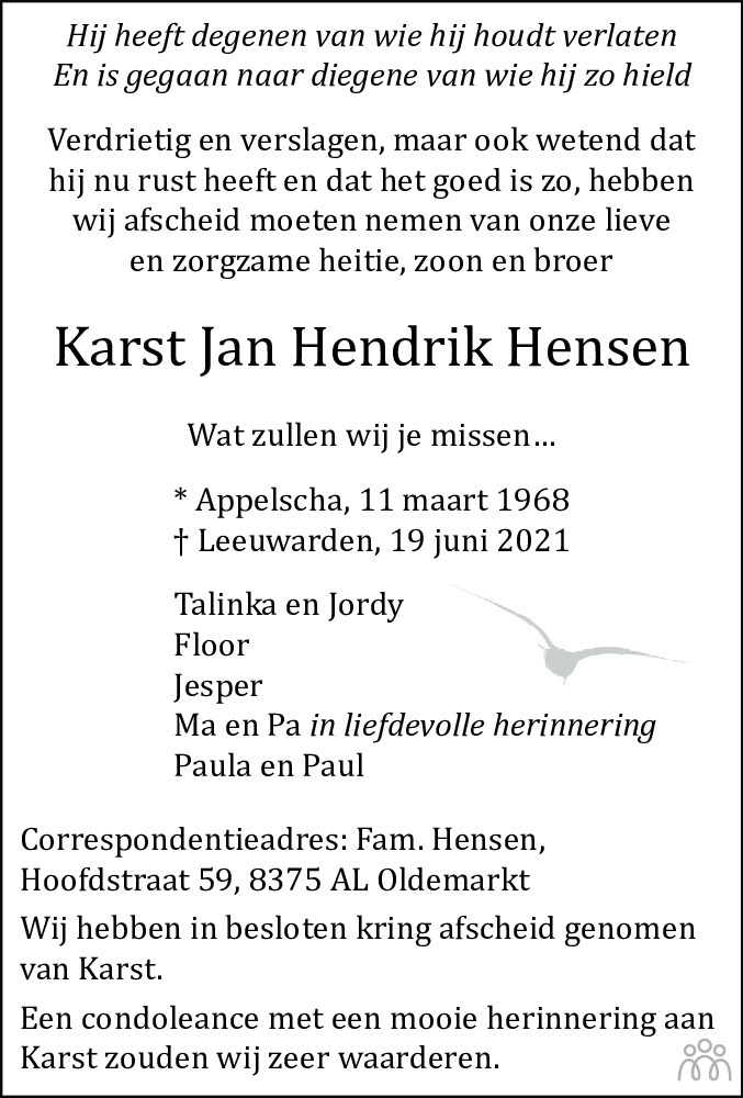 Overlijdensbericht van Karst Jan Hendrik Hensen in Leeuwarder Courant