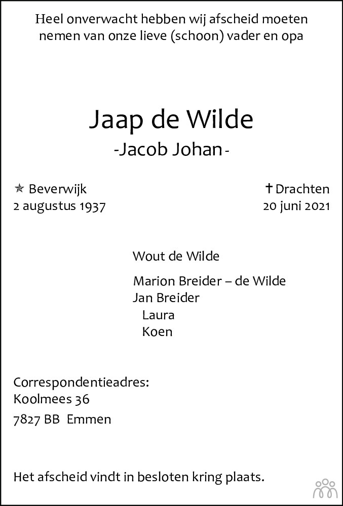 Jaap (Jacob Johan) de Wilde 20062021 overlijdensbericht en