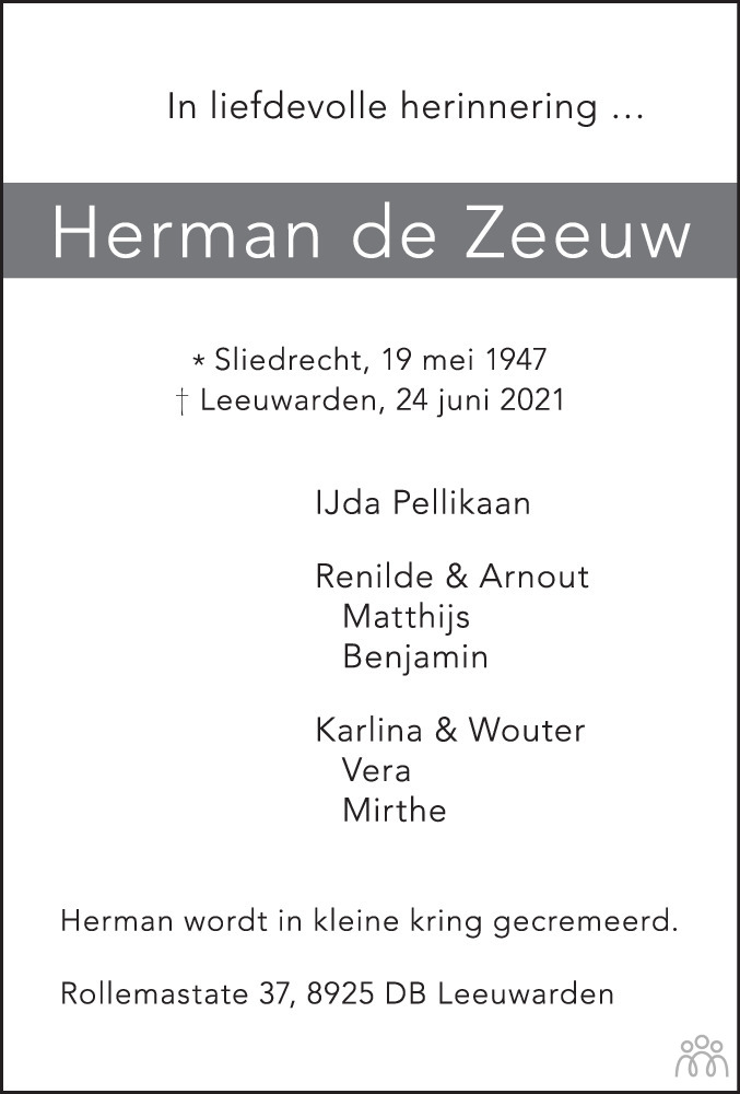 Overlijdensbericht van Herman de Zeeuw in Leeuwarder Courant