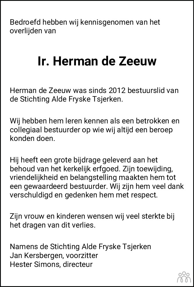 Overlijdensbericht van Herman de Zeeuw in Leeuwarder Courant