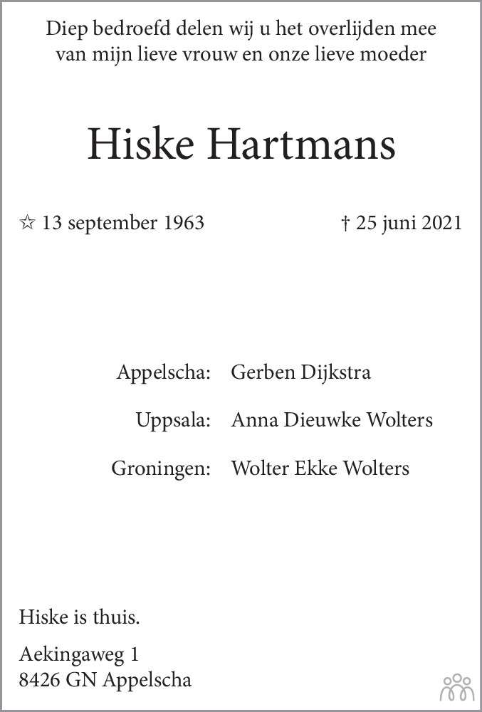 Overlijdensbericht van Hiske Hartmans in Dagblad van het Noorden