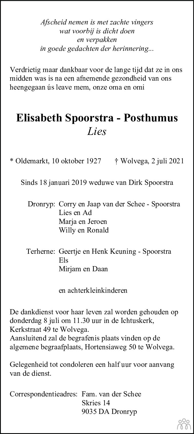 Overlijdensbericht van Elisabeth (Lies) Spoorstra-Posthumus in Friesch Dagblad