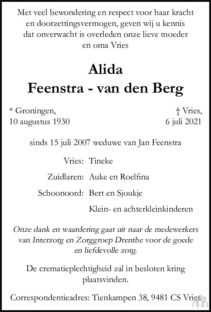 Alida Feenstra van Den Berg 06 07 2021 Overlijdensbericht En 