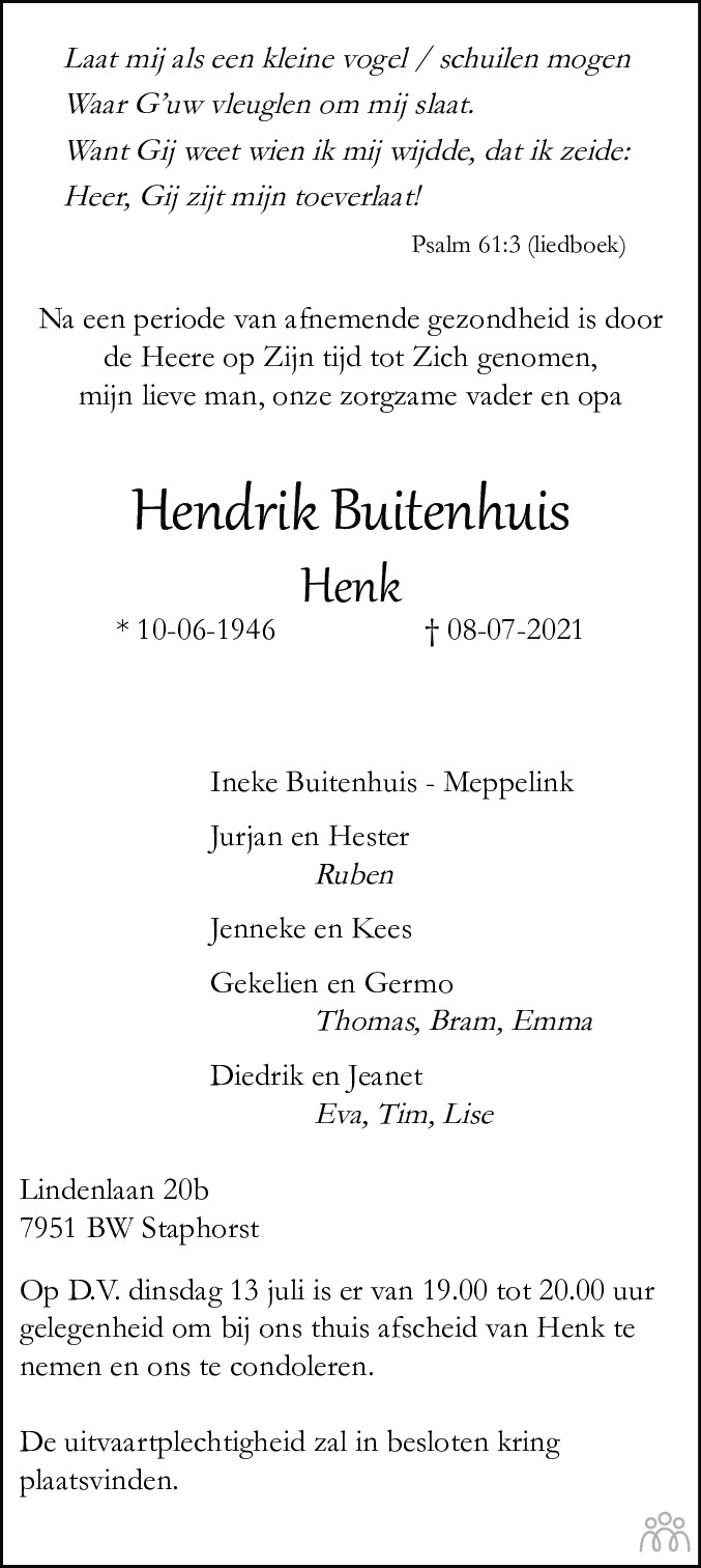 Overlijdensbericht van Hendrik (Henk) Buitenhuis in Meppeler Courant