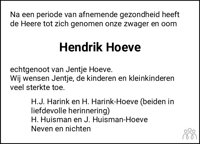 Overlijdensbericht van Hendrik Hoeve in De Staphorster