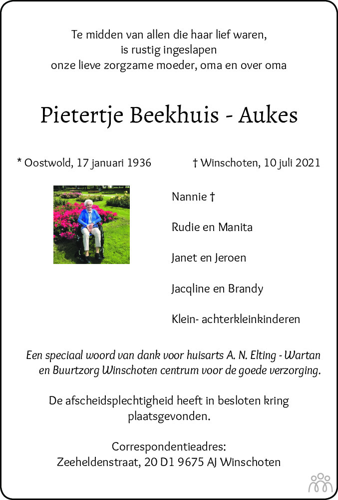 Overlijdensbericht van Pietertje Beekhuis-Aukes in Dagblad van het Noorden