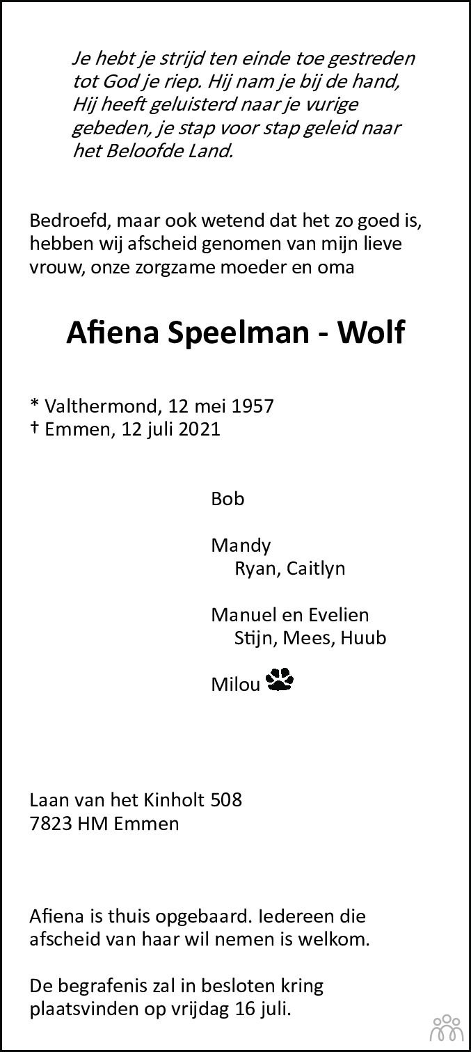 Overlijdensbericht van Afiena Speelman-Wolf in Dagblad van het Noorden