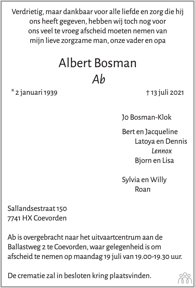 Overlijdensbericht van Albert (Ab) Bosman in Dagblad van het Noorden