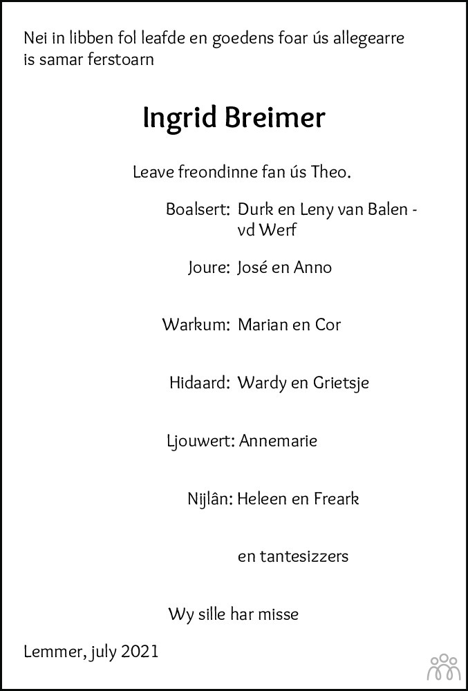 Overlijdensbericht van Ingrid Breimer in Leeuwarder Courant