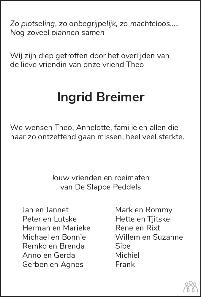 Overlijdensbericht van Ingrid Breimer in Leeuwarder Courant