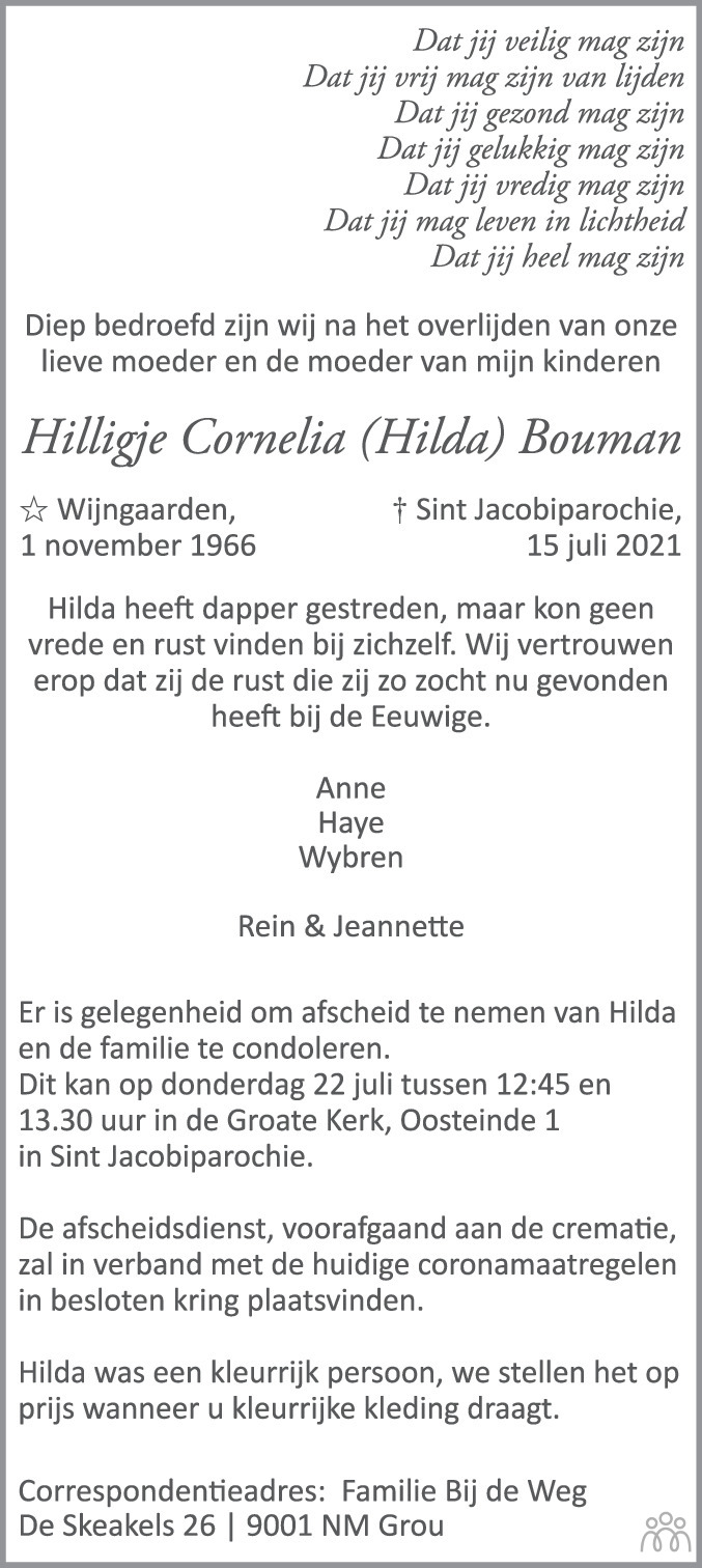 Overlijdensbericht van Hilligje Cornelia (Hilda) Bouman in Leeuwarder Courant