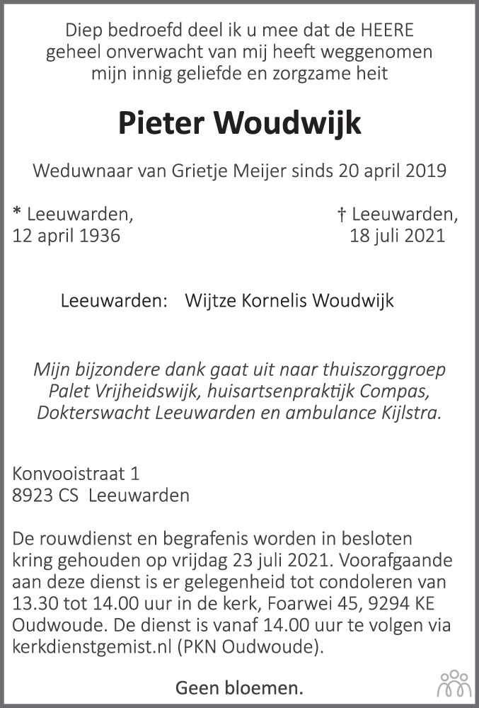 Overlijdensbericht van Pieter Woudwijk in Leeuwarder Courant
