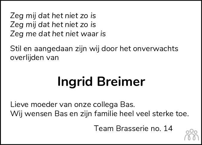 Overlijdensbericht van Ingrid Breimer in Jouster Courant Zuid Friesland